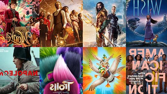 2023年假日电影海报的马赛克, including ‘Wish,’ ‘Aquaman,’ ‘Wonka,’ ‘Napoleon,’ and ‘American Fiction.’
